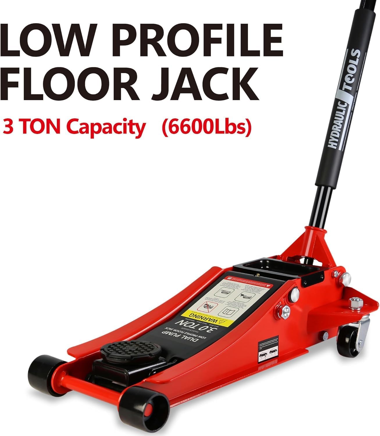 3 Ton Low Profile Floor Jack, Heavy Duty Floor Jack with Dual Pistons Quick Lift Pump, Steel Car Jack Adjustable Height 3.3"-18.5", Hydraulic Trolley Floor Jacks 3 Ton/6600 LB Capacity, Red