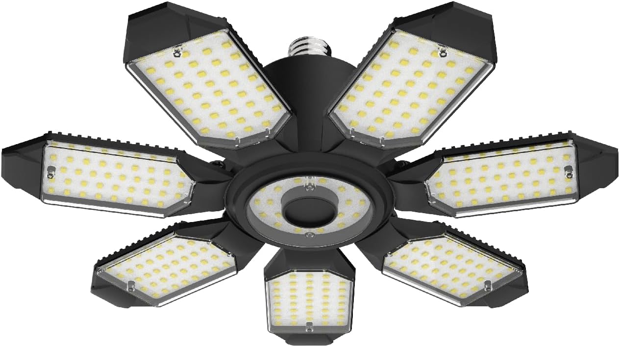 TANBABY 2 Pack LED Garage Lights, 150W Deformable Best Ceiling Shop Lights, 15000LM LED Light 6500K Garage Lighting with 6+1 Adjustable Panels Bulb for Basement