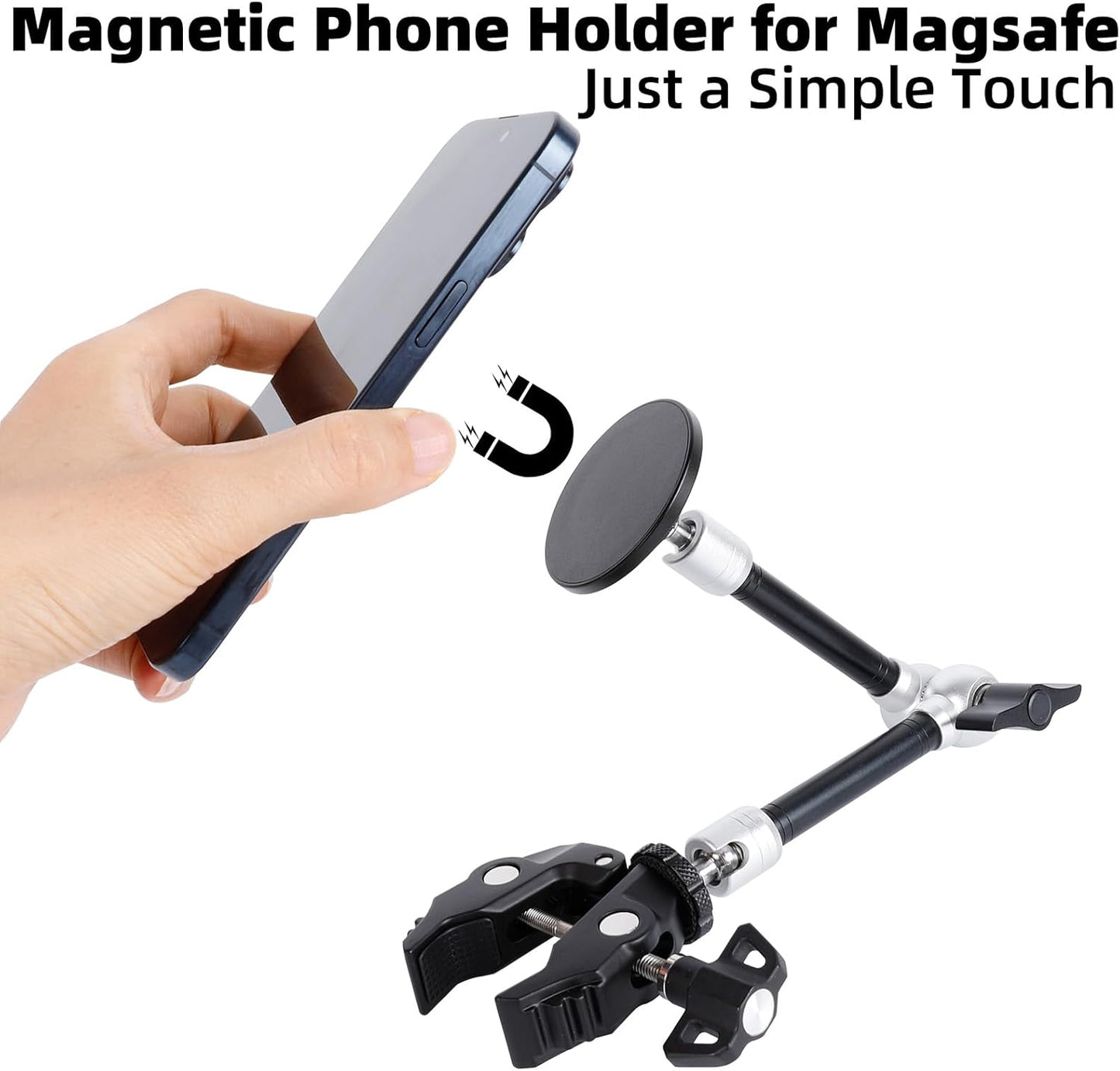 All-Metal Magnetic Phone Holder with Super Clamp&10″ Long Arm for Magsafe, Adjustable Rear View Mirror Phone Holder Mount for Car/Truck/Handlebar, Compatible with iPhone 16 15 14 13 12 Series