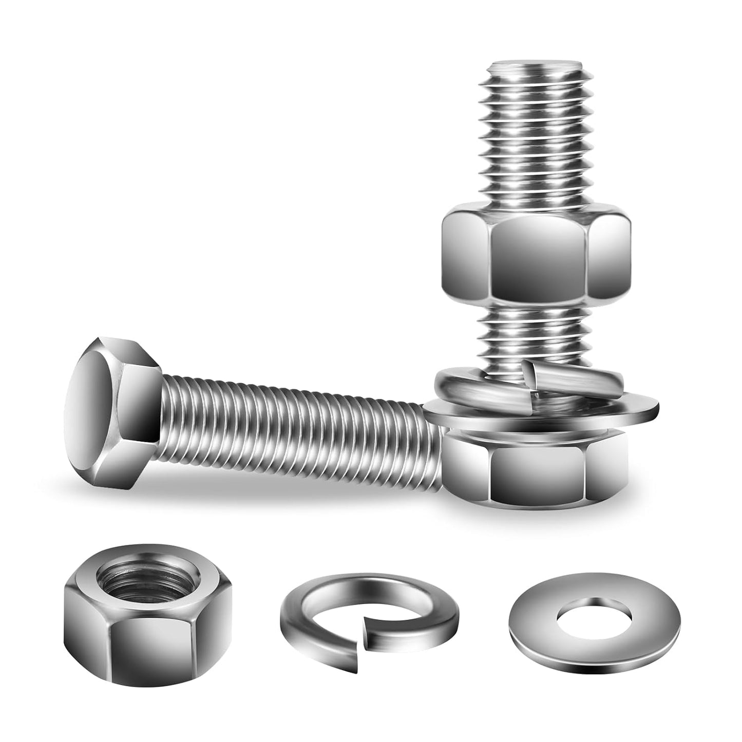 3/8-16 x 1-1/2" Hex Head Screw Bolt, Nuts, Flat & Lock Washers, 10Pcs 18-8 (304) Stainless Steel, Fully Threaded, by SG TZH