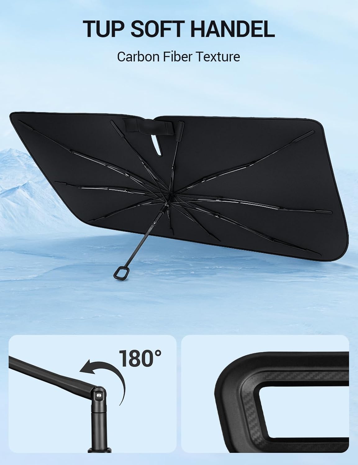 Proadsy Windshield Sun Shade Umbrella for Toyota 4Runner 2010-2024 Foldable Car Umbrella Sunshade with Soft TPU Handle Spring Structure Crystal Cooling Material Protect Car from Rays & Heat