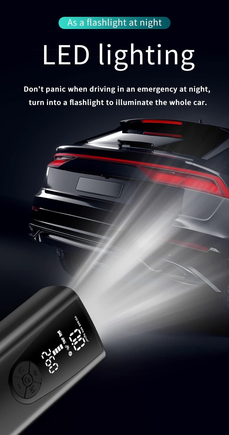 Tire Inflator Portable Air Compressor/Pump for Car Tires w/Digital Tire Pressure Gauge - Air Compressor (120 PSI) - Motorcycle, Electric Bike Pump and Bicycle Pump w/LED Light