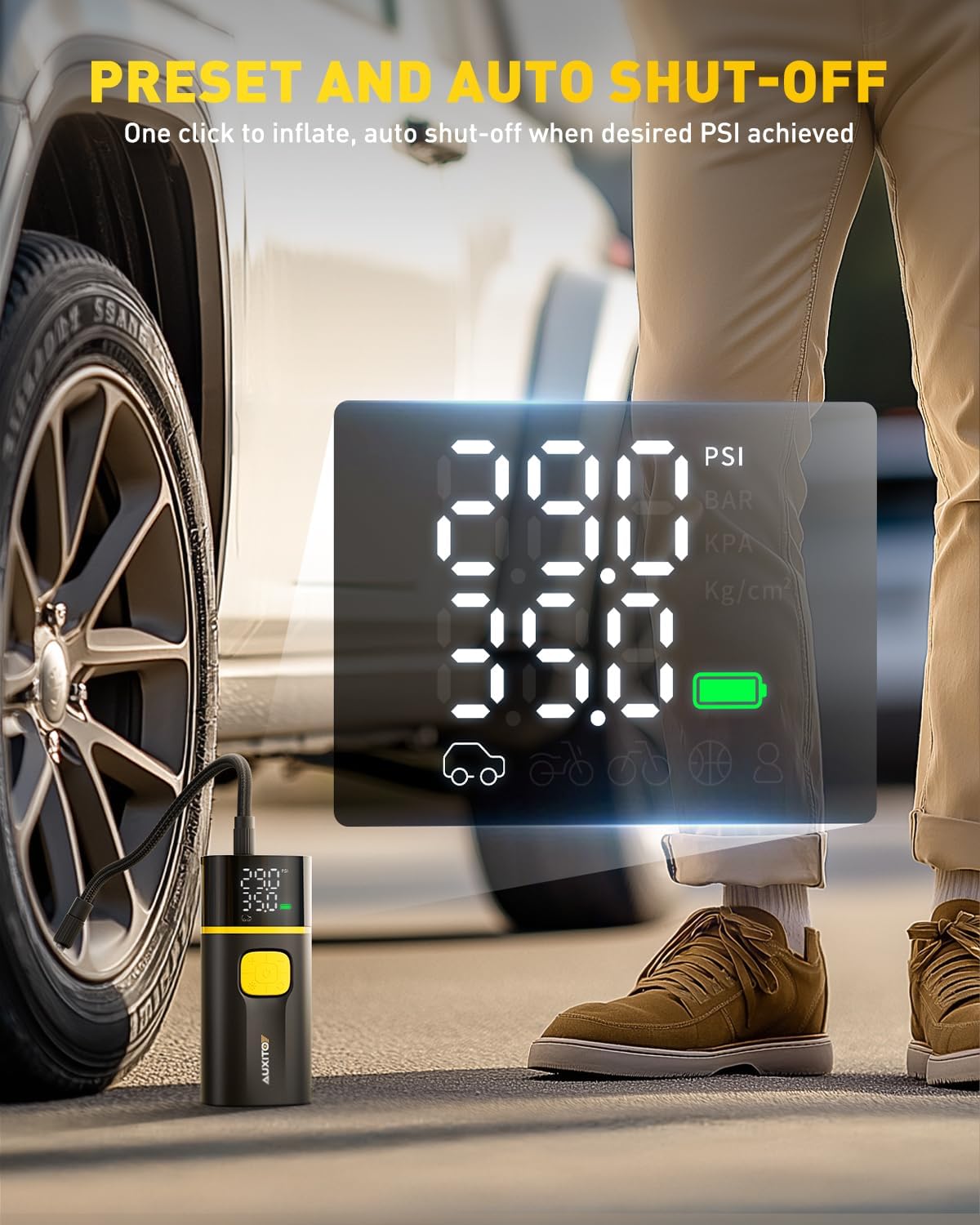 AUXITO A502 Portable Air Compressor - Tire Inflator for Car, Truck, Bike, Motorcycle with Digital Tire Pressure Gauge & LED Light