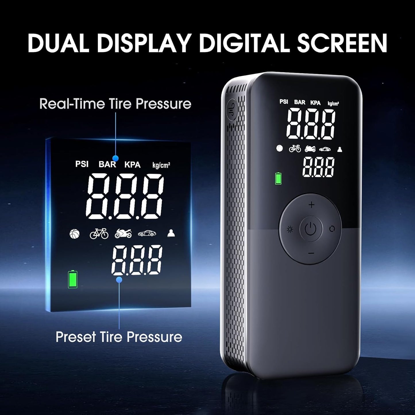 CARSUN Cordless Tire Inflator Portable Air Compressor,Car Tire Pump with Digital Dual Screen,150PSI Portable Air Pump for Car Tires with Deflation&Pressure Gauge,Suitable for Car,Motorcycles,Bicycles