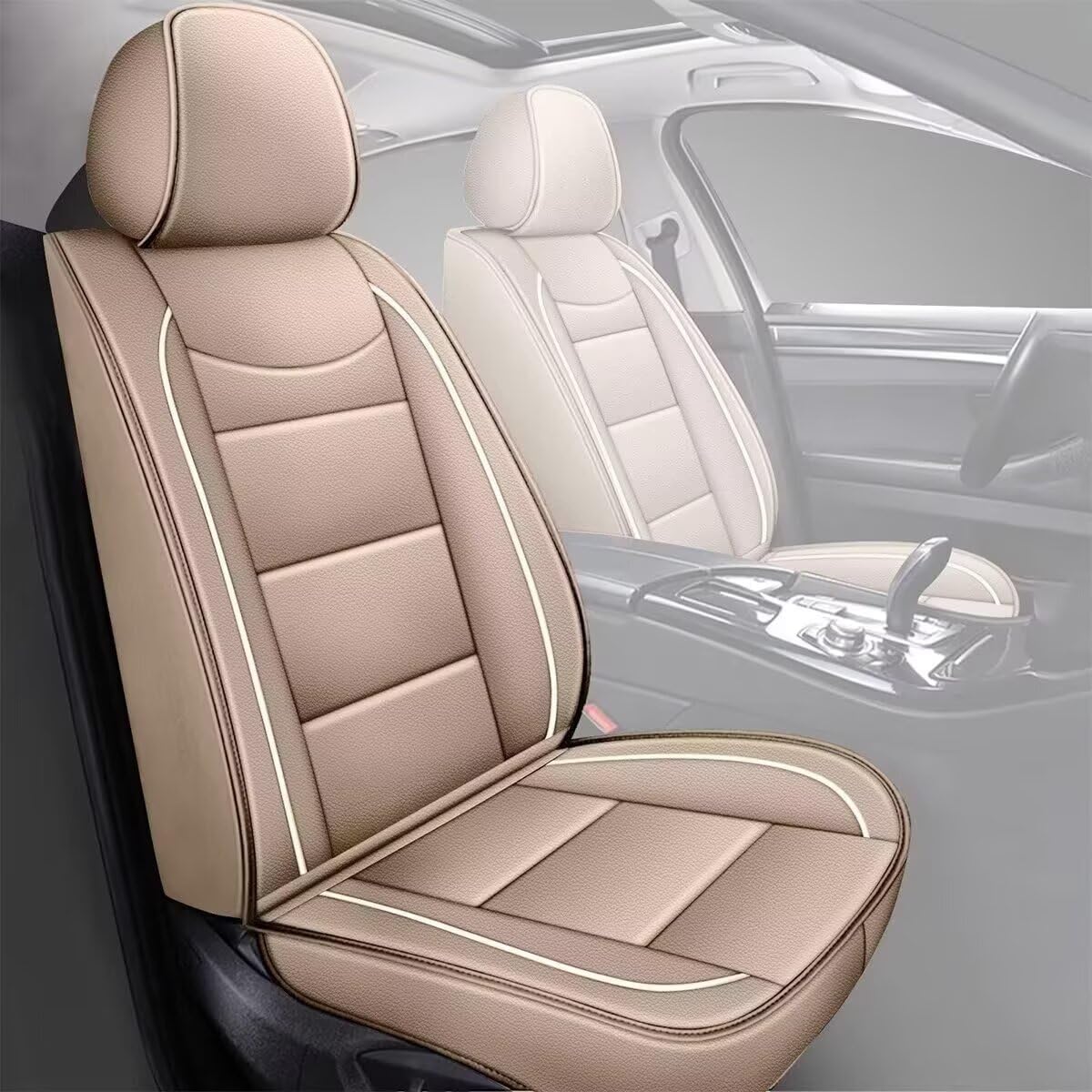 YORKNEIC Leather Car Seat Covers Fit for Hyundai Kona 2018-2025: 2 Front Set Seat Covers - Waterproof Auto Seat Protector Compatible Airbag (Beige)