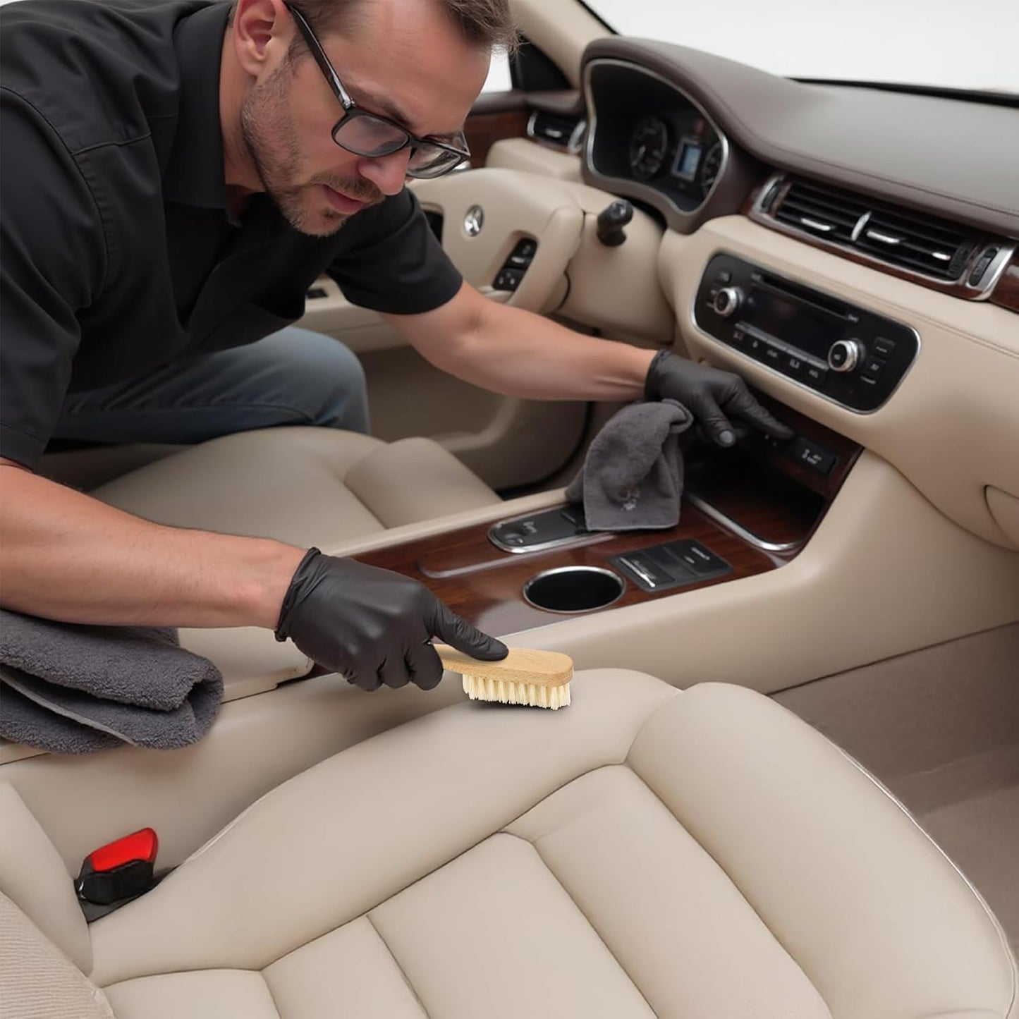 TAKAVU Leather & Upholstery Cleaning Brush Set, Pure White Boar Hair Bristle, to Clean Car Seats, Leather Sofas, for Alcantara, Interiors, Furniture, Boots, Shoes, Bags and More