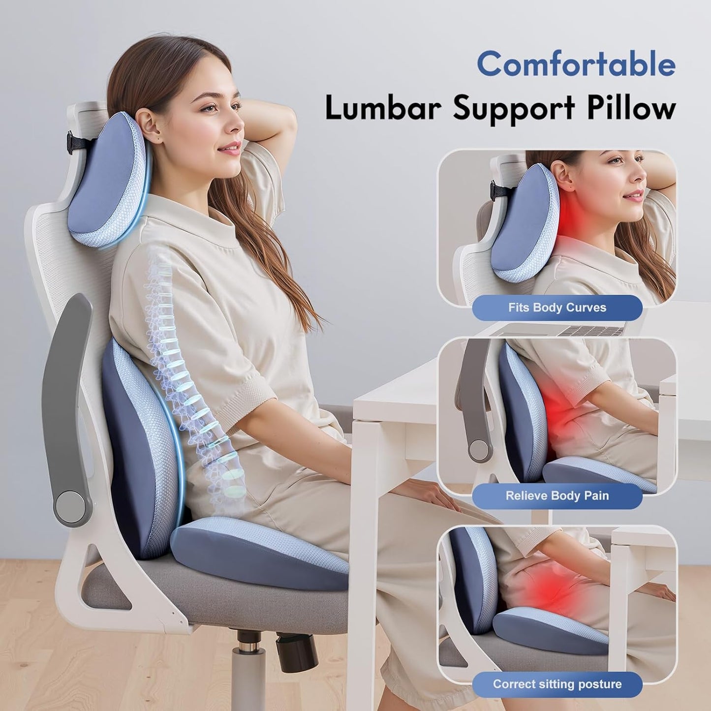 FLORICH Seat Cushion and Lumbar Support Pillow for Office Chair Car, Car Neck Pillow, Ergonomic Memory Foam Back Support for Office Gaming Chair Wheelchair, Relieves Neck, Back & Sciatica Pain – Blue