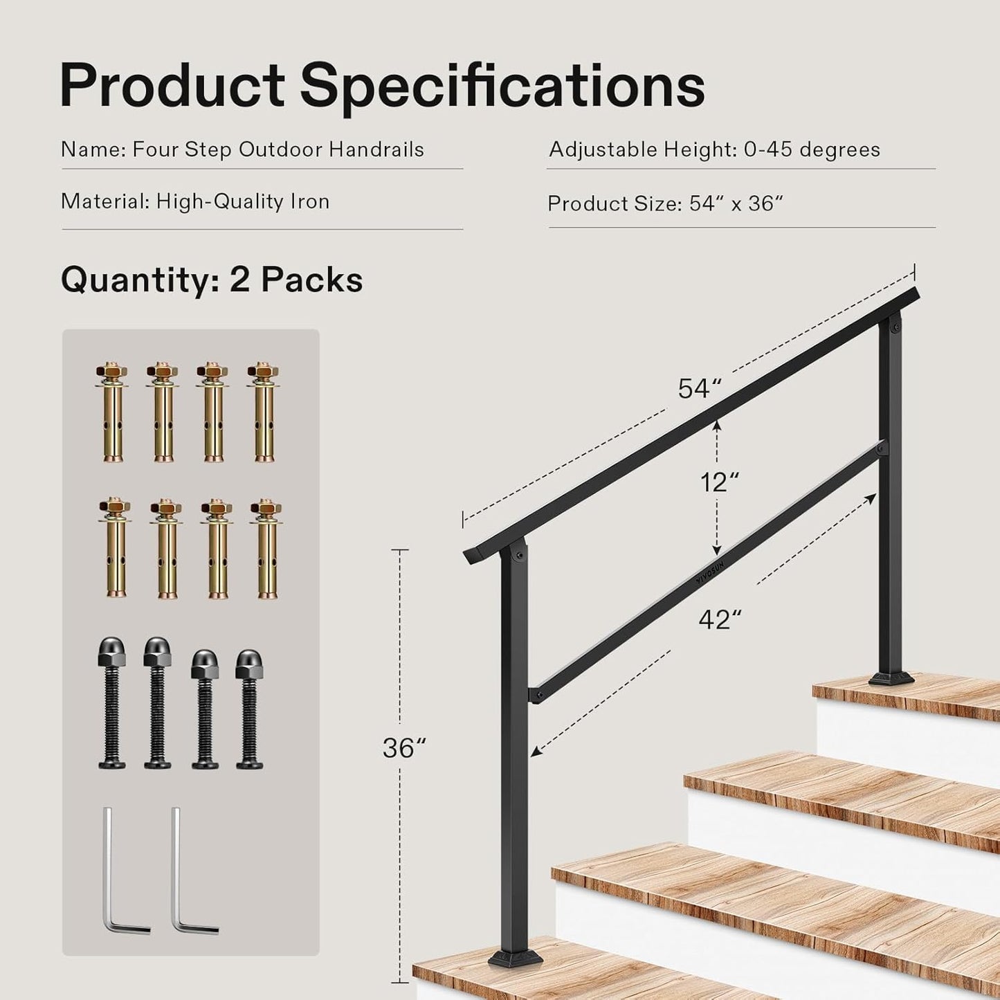 VIVOSUN 2-Pack Outdoor Handrail, 4 Step Stair Handrail, 54" x 36" Fits 1 to 4 Steps, Wrought Mattle Iron Handrail for Concrete Steps, Porch Steps, One-Step Assembly, 2 Packs, Black