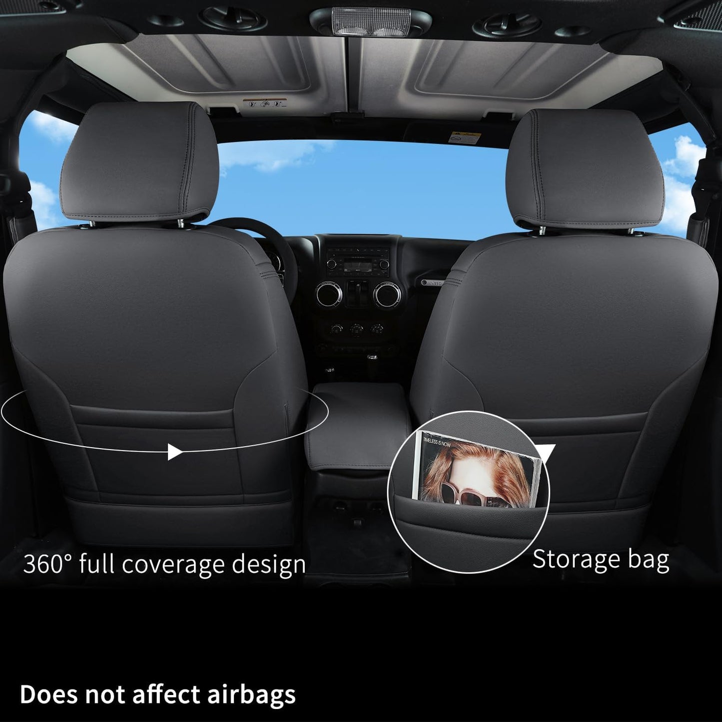 GIANT PANDA Customized Full Set Car Seat Covers for Jeep Wrangler 2 Door JK Sport Sahara Rubicon Freedom Willys Wheeler 2013 2014 2015 2016 2017, Faux Leather - (Black)