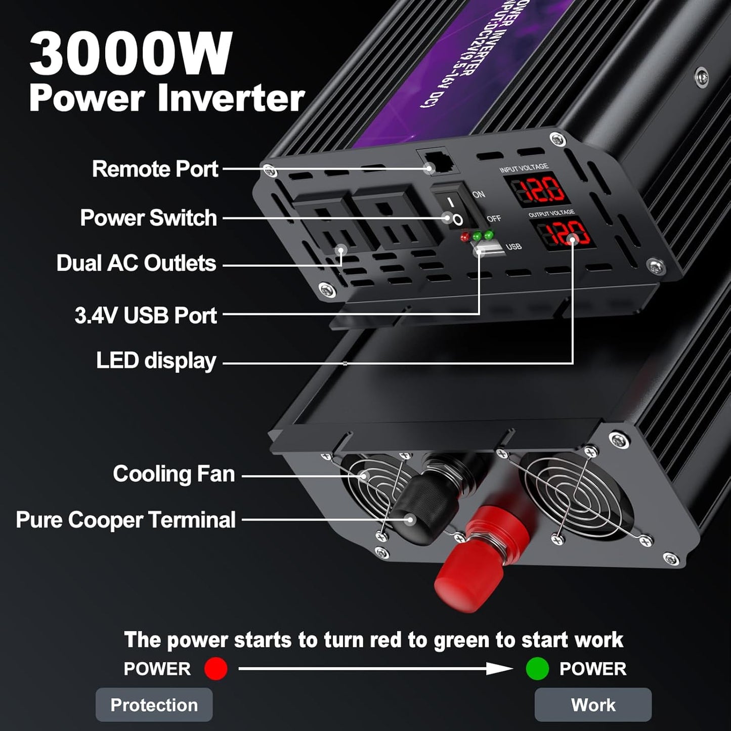 3000W Power Inverter,Peak Power 6000W 12V DC to AC 110V120V,Remote Control with 2AC Outlets and 2.4USB Port,LCD Display for Power Converter,Outdoor Activities,Emergency,Vehicles Truck RV Solar System