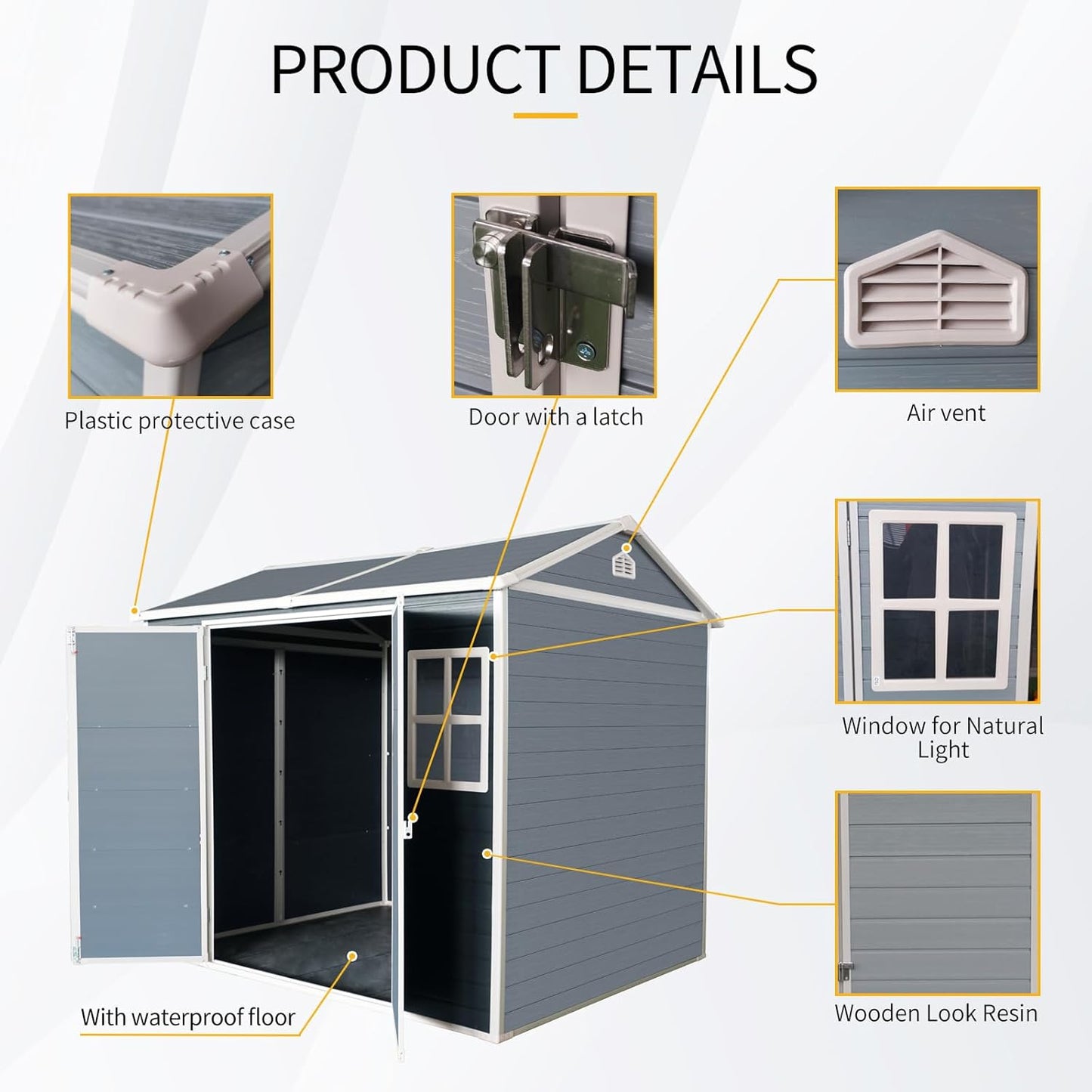 8x6 FT Outdoor Storage Shed, Resin Garden Shed with Thick Floor, Plastic Storage Shed with 2 Windows, Waterproof Outside Tool Shed with Lockable Hinged Doors for Backyard, Patio, Lawn, Light Gray
