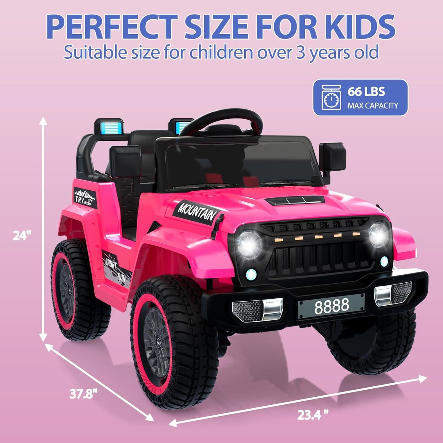 12V Kids Ride On Truck Car, Battery Powered Electric Vehicles with Remote Control, Spring Suspensions, 3 Speeds, LED Lights, Music, MP3, Ride On Toy Car for Children Toddles Boys Girls, Pink