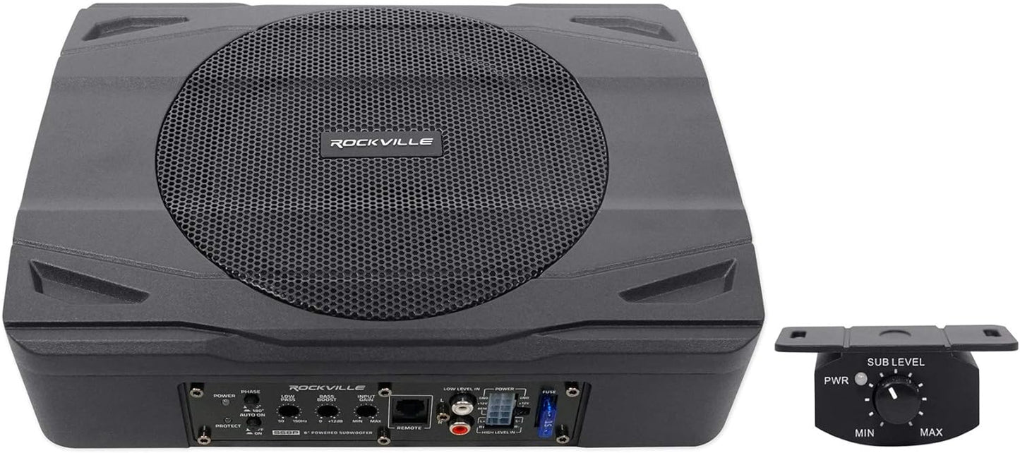 Rockville SS8P 400W 8" Slim Under-Seat Active Subwoofer, High-Level Inputs, Cast Aluminum Enclosure, for Car/Truck Audio Systems