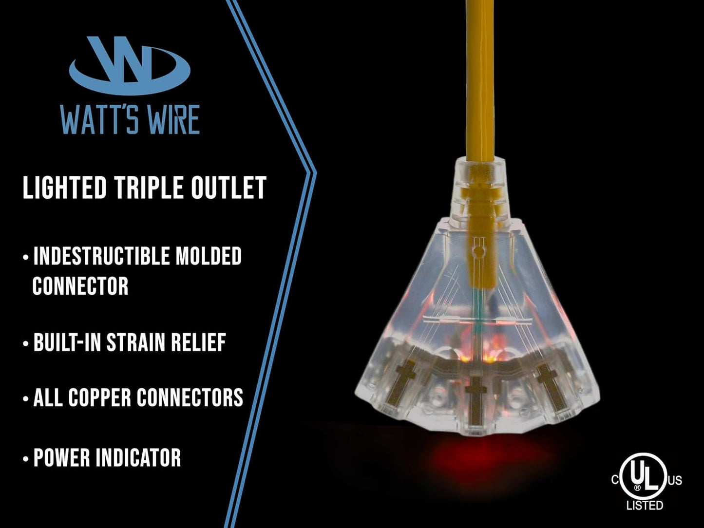 15 ft - 12 Gauge Heavy Duty Extension Cord - 3 Outlet Lighted SJTW - Indoor/Outdoor Extension_Cord by Watt's Wire - 15' 12-Gauge Grounded 15 Amp ExtensionCord