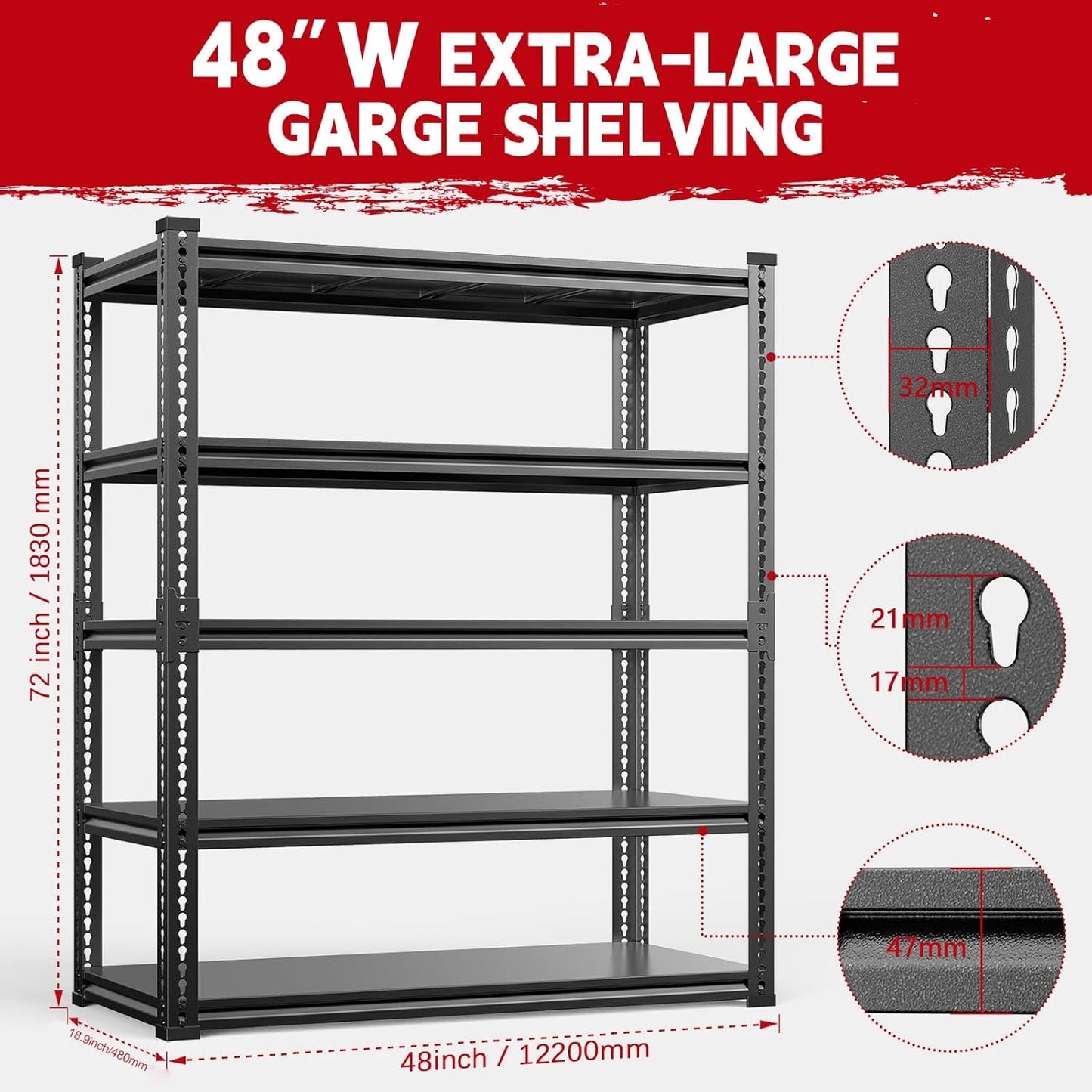 Heavy Duty Garage Shelving Unit 3000LBS, Adjustable 5-Tier Storage Rack with Boltless Design, 48" W*18.9" D*72" H Metal Shelves for Basement, Garage & Warehouse Storage