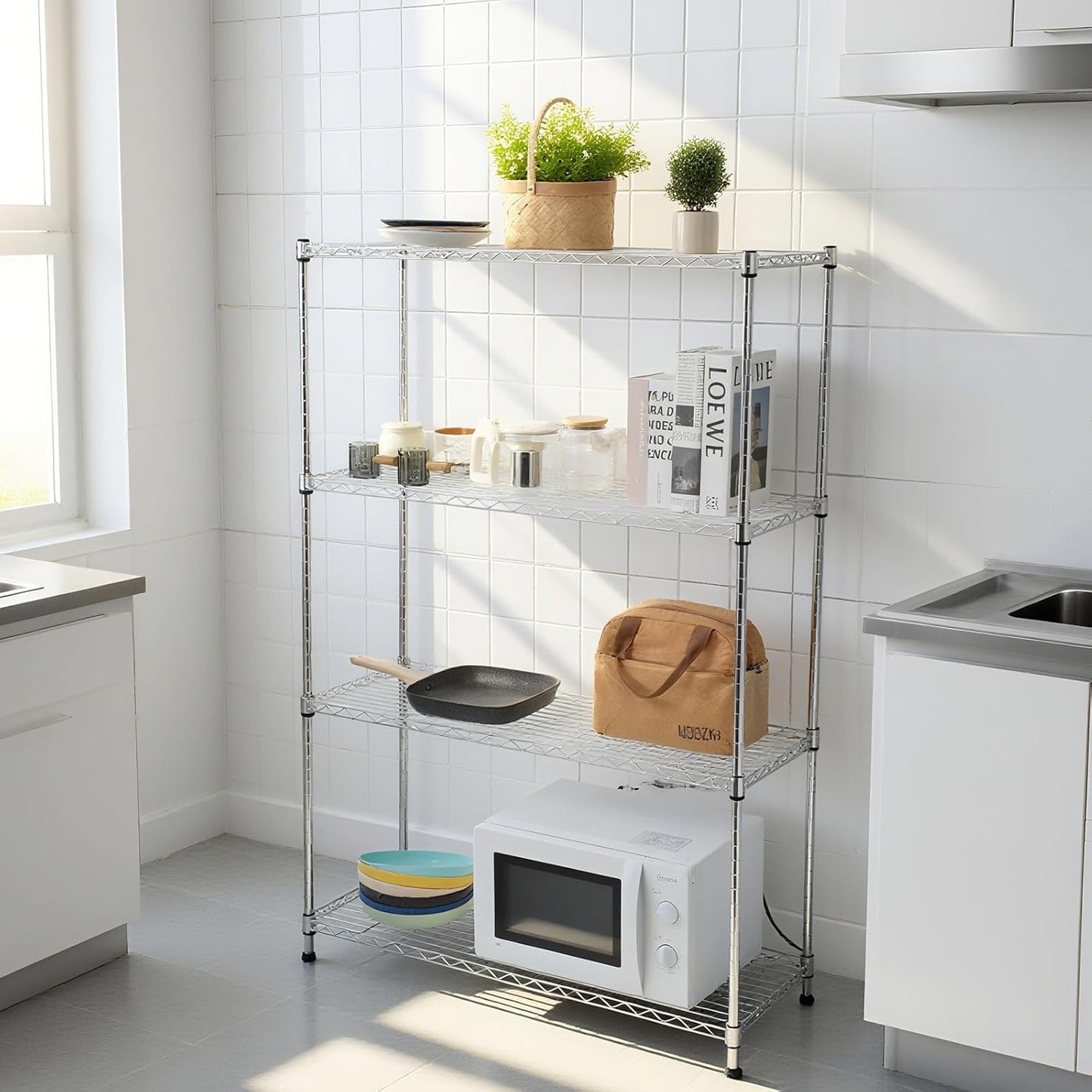 Heavy-Duty 4 Tiers Chrome Steel Wire Shelving NSF Certified. Adjustable Storage Rack for Kitchen,Garage,and Laundry Utility Room (Chrome-4Tiers-36x14x54)