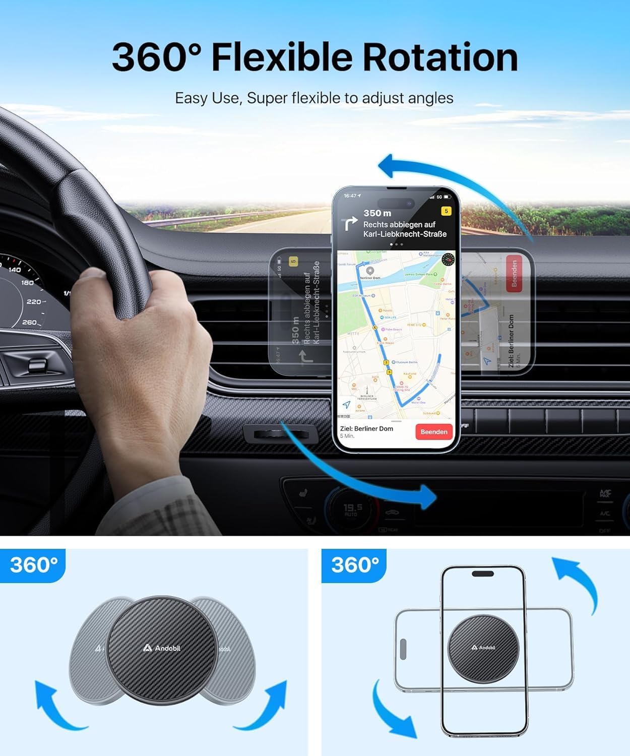 andobil Magnetic Phone Holder for Car Vent Suitable for iPhone 16/15/14 Grey
