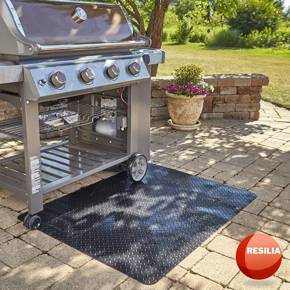 RESILIA Garage Mat, Prevents Stains Decorative Embossed Diamond Plate Pattern Black, 3 Feet x 4 Feet, Made in The USA