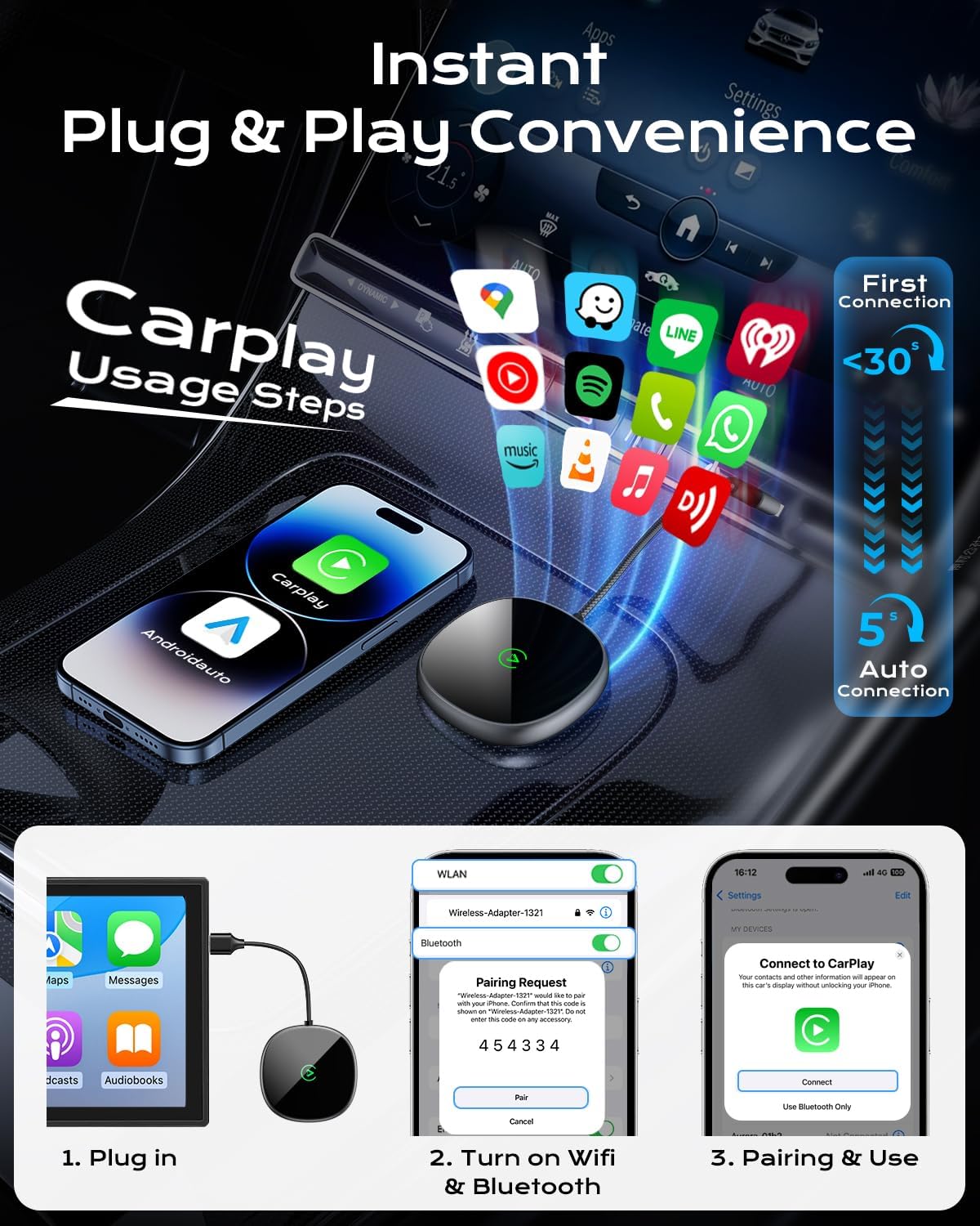 Wireless Carplay Adapter for iPhone & Android Auto 2-in-1, Stable, Plug & Play Low Delay Carplay Wireless Adapter Convert Wired to Wireless Apple Car Play Dongle for iOS 10+/Android 11+ (Grey)
