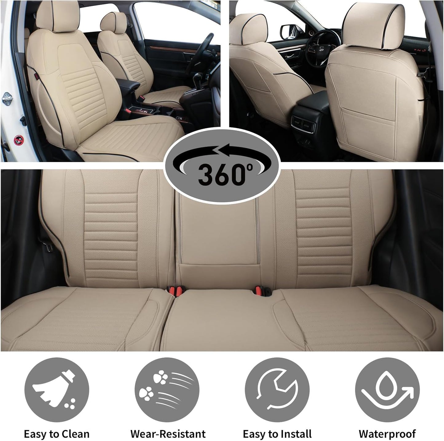 EKR Accord Car Seat Covers for Cars Honda Accord EX,EX-L,Sport,Sport SE,Touring 2017,Rear Row W/Split,Car Seat Covers Full Set,Leather Seat Covers Front Seats & Back-Leather(Beige)