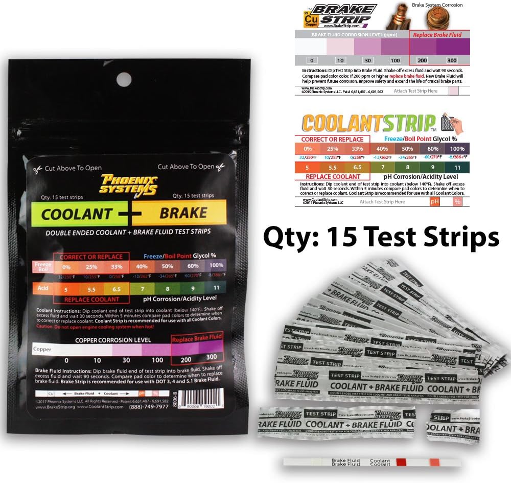 Phoenix Systems 8006-B Double-Ended Brake Fluid + Coolant Test Strips (15 foil wrapped test strips), 1 Pack
