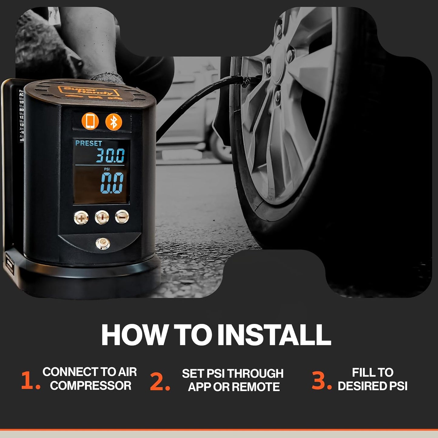 SuperHandy Automatic Tire Pressure Gauge - Wall Mountable, App/Bluetooth Control, High-Accuracy Digital Gauge, 25FT Air Hose, Ideal for Cars, Trucks, ATVs, and More