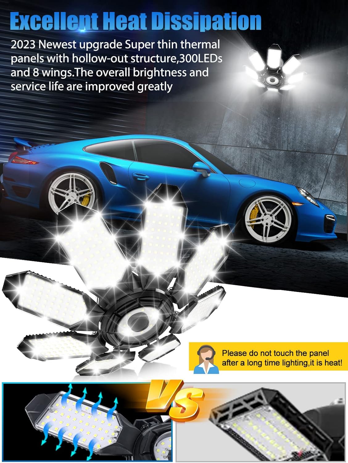 TANBABY 260W LED Garage Lights 2 Pack, Total 52000LM Deformable Best Ceiling Light with 8+1 Panels, E26/E27 Screw in Bulbs for Basement, Attic