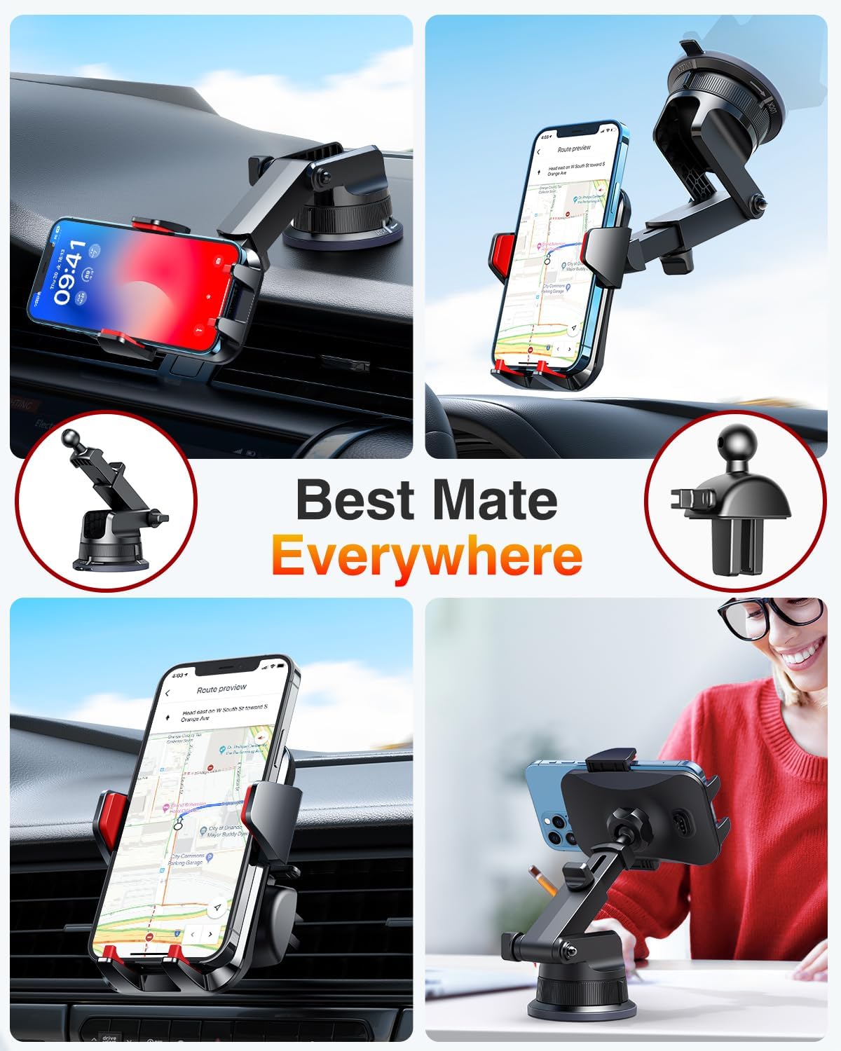 VANMASS [2024 Upgrade Phone Holders for Your Car [Super Suction Cup] Cell Phone Mount Car Dashboard Window Vent Desk Fit for iPhone 15 Pro Max 14 13 Universal Handsfree Automobile Vehicle Cradle，Red