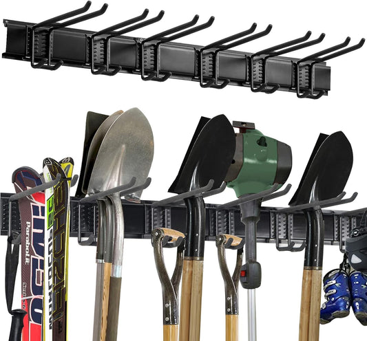 Wall Mount Tool Storage Rack, Heavy Duty Garage Storage Tool Organizer, Garden Tool Wall Hooks and Hangers, Hold Up to 350lbs Black