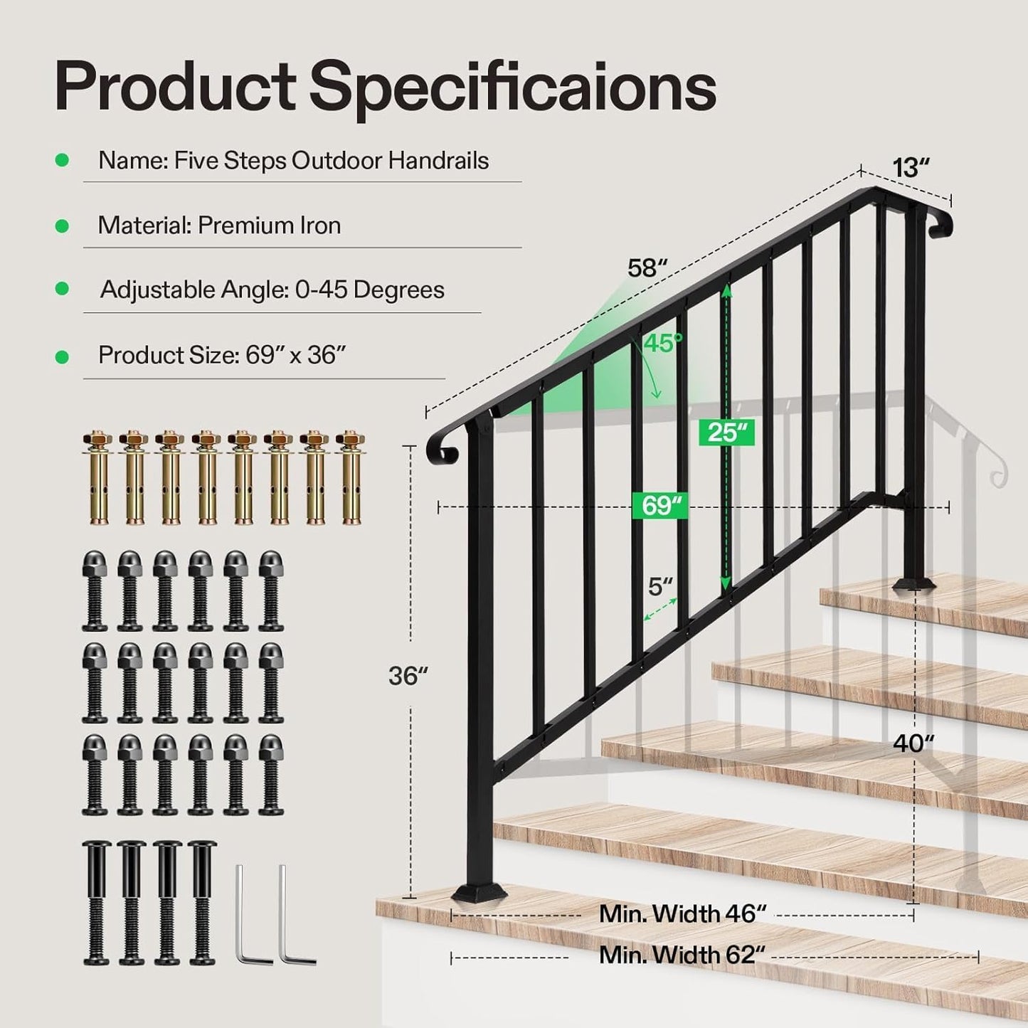 VIVOSUN Outdoor Handrail, 5 Step Stair Handrail, 69" x 36" Fits 1 to 5 Steps, Wrought Mattle Iron Stair Railing with Curved End and Balusters for Concrete Step, Porch Steps, One-Step Assembly, Black