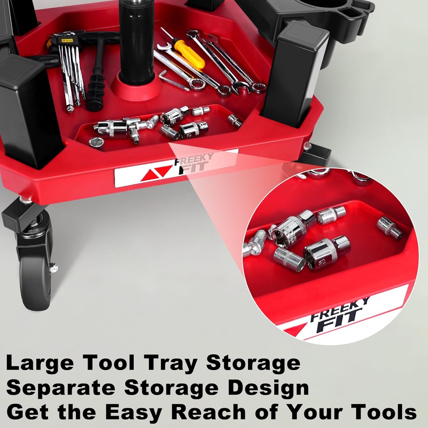 Rolling Shop Stool with Wheels, Adjustable Garage Mechanic Stool Seat Shop Roller Work Chair Mobile Rolling Seat with Tool Tray, 2 Cup Holders, 4" Casters, 350 LBS, Heavy-Duty, Red