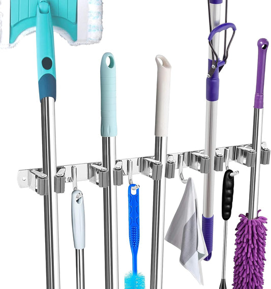 Broom Holder Wall Mount, Broom Organizer Wall Mount Stainless Steel Broom and Mop Hanger Heavy Duty Storage Organization for Home Kitchen Garden Garage Room 5 Racks 4 Hooks (1Pack)(Grey Racks)
