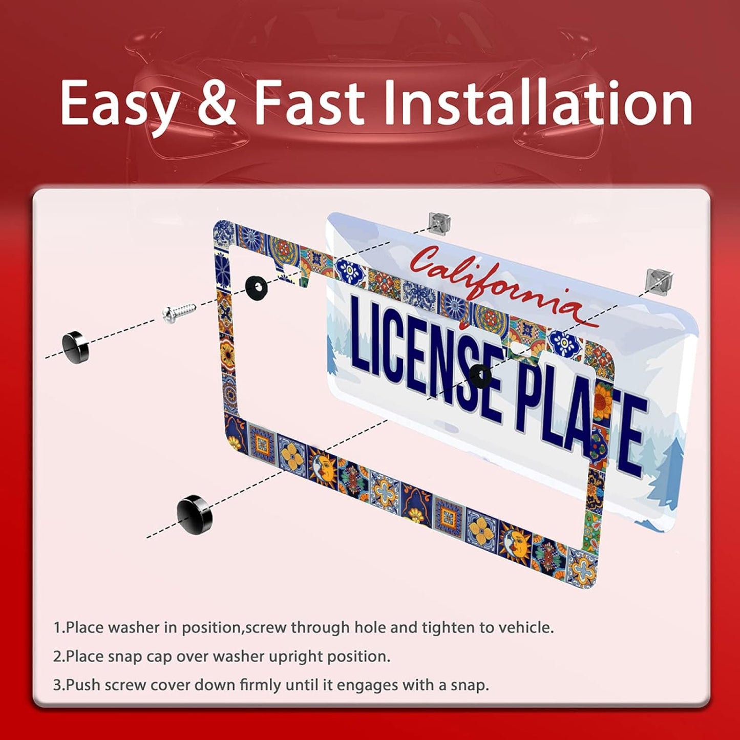 【2Pcs】 Mexican Tiles License Plate Frames Mandala Boho License Plate Frame Car Universal Stainless Steels Accessories Cars Decor with 2 Holes and Screws Fits Standard US Vehicles Size: 12.2 x 6 Inches