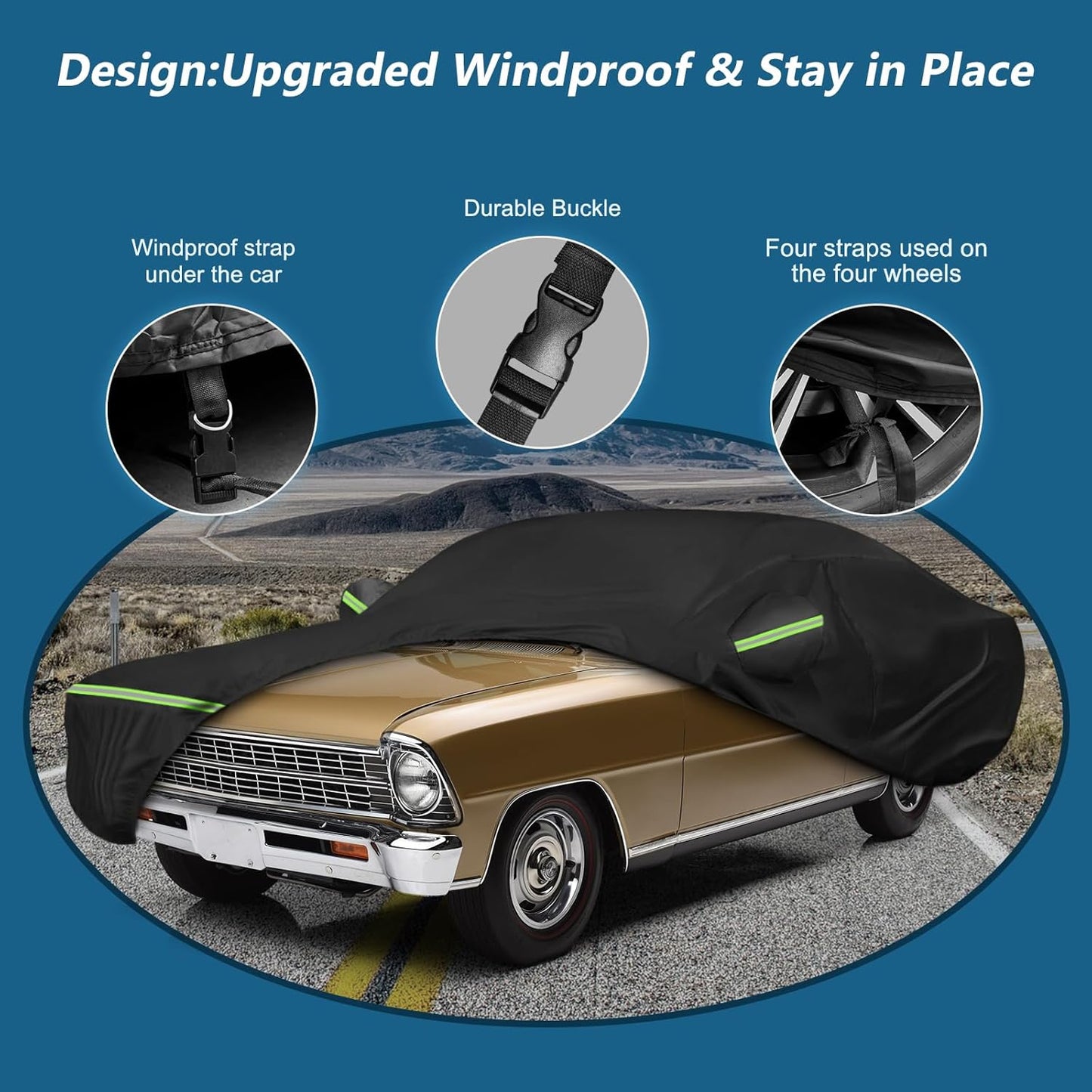 Waterproof Car Covers for Chevrolet II Nova/Nova SS 350/350 SC Sedan/Coupe 1962-1974,420D Oxford Cloth Sun Heat Protection Outdoor Full Covers with Driver Side Zipper Windproof Heavy Duty All Weather