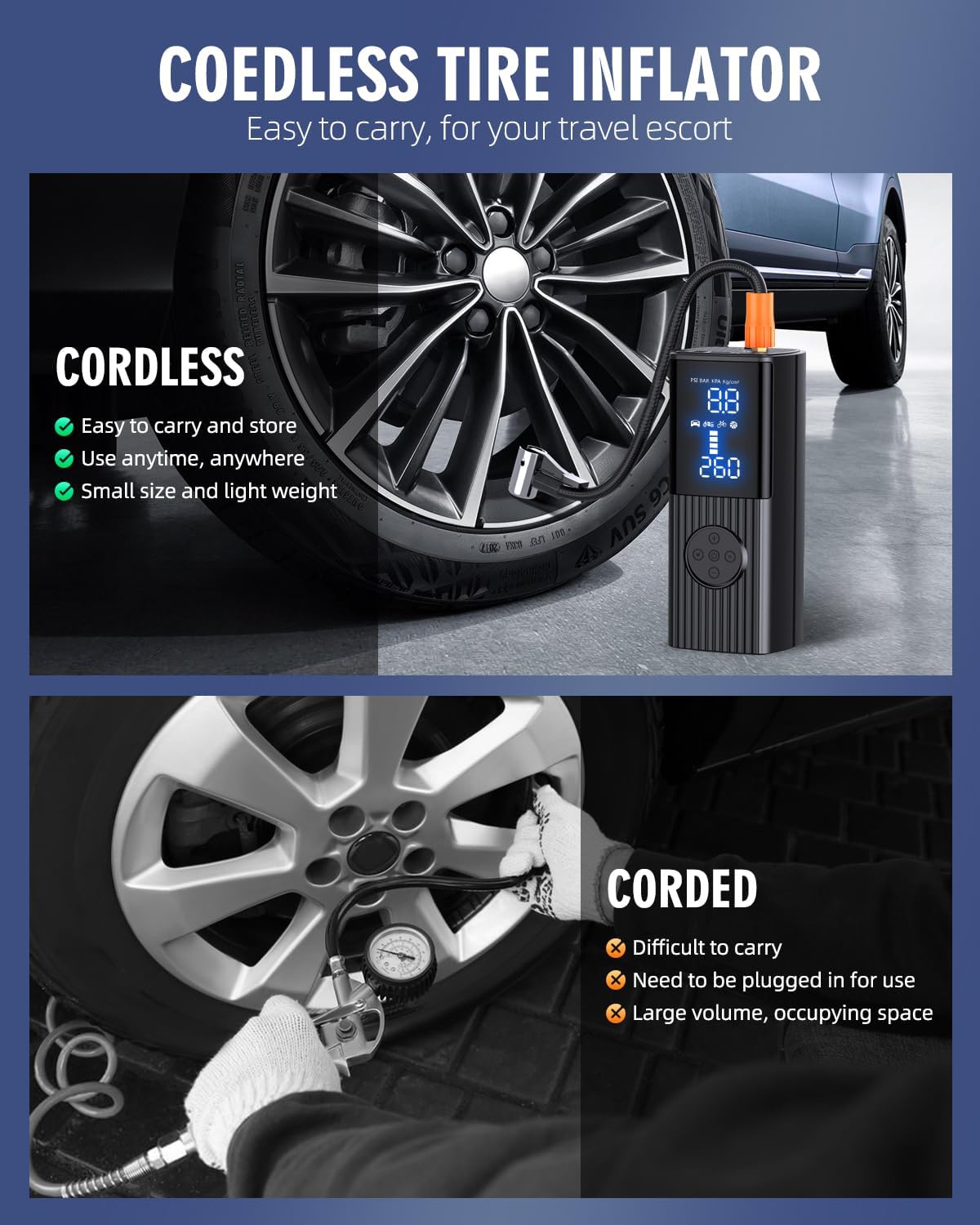 Tire Inflator Portable Air Compressor, 180PSI Portable Air Compressor with with LED Light, 25000mAh & 3X Faster Inflation Air Pump for Car, Bike, Motorcycle, Ball and more