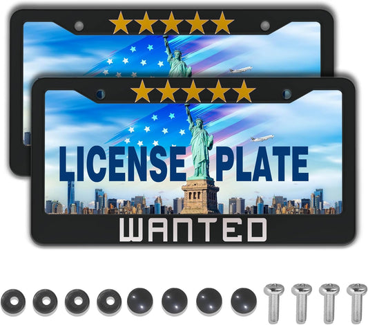 License Plate Protector Black, White, Yellow License Plate Frames Wanted Universal Aluminum Car Accessory 2 Pack with Screw Covers Set
