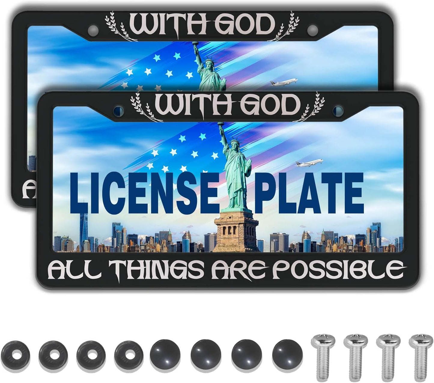 License Plate Frame Black and White Front License Plate Bracket with God All Things are Possible Universal Aluminum Car Accessory 2 Pack with Screw Covers Set