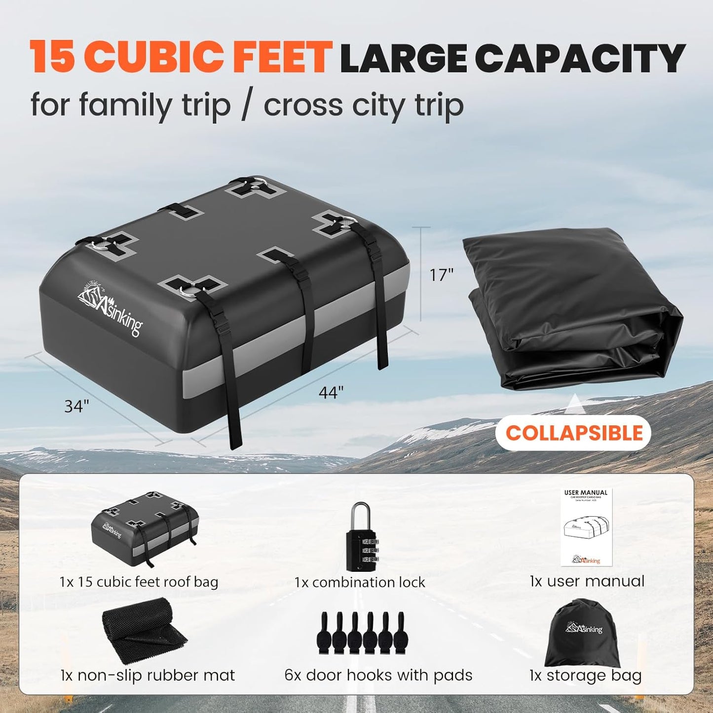 Asinking Car Rooftop Cargo Carrier Bag - 100% Waterproof Heavy Duty Car Roof Luggage Carrier 15 Cubic Feet, Fits All Vehicles with/Without Roof Rack - Easy Install & Triply Reinforced for Secure Use