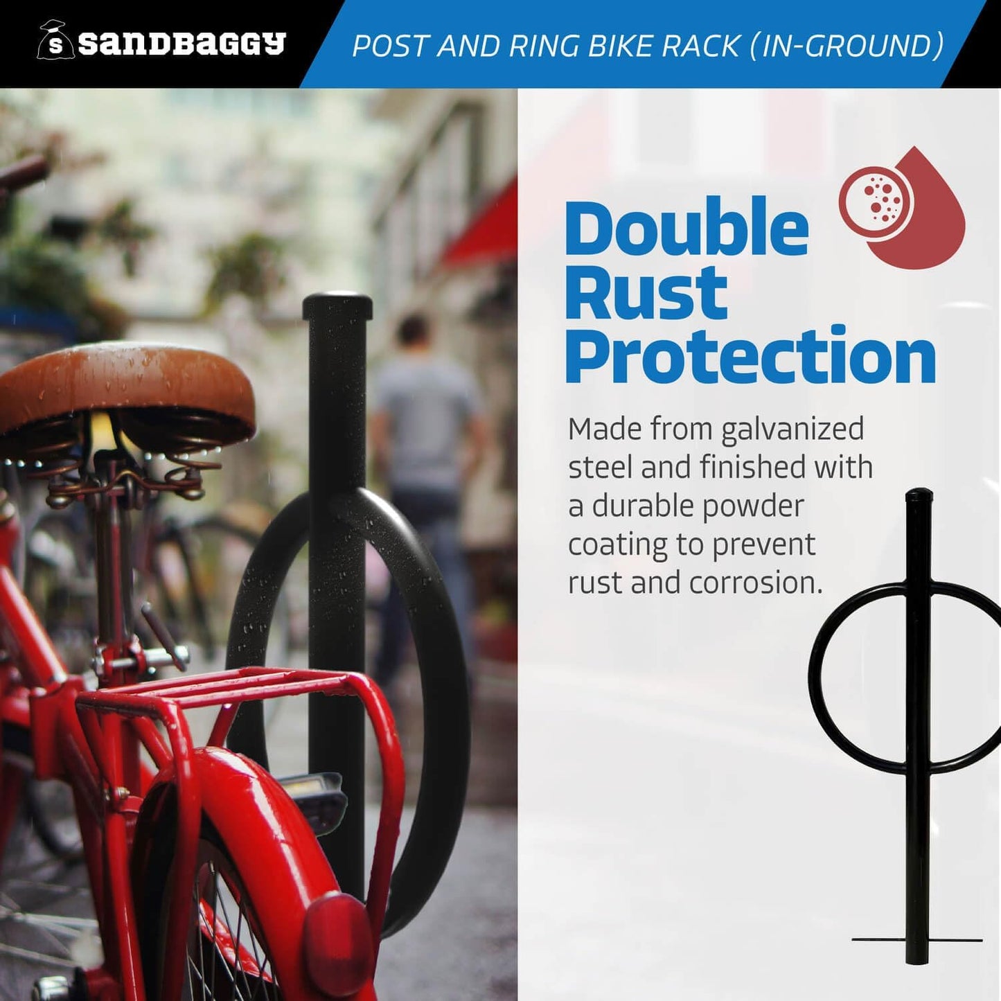 Sandbaggy Post and Ring Rack - In Ground - Commercial Outdoor Bike Parking & Storage Racks (Red, 10)