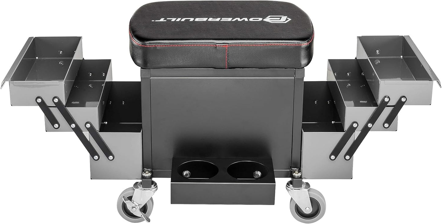 Powerbuilt Rolling Seat with Expandable Tool Trays, Roller Toolbox Garage Stool - Grey 941918ECE