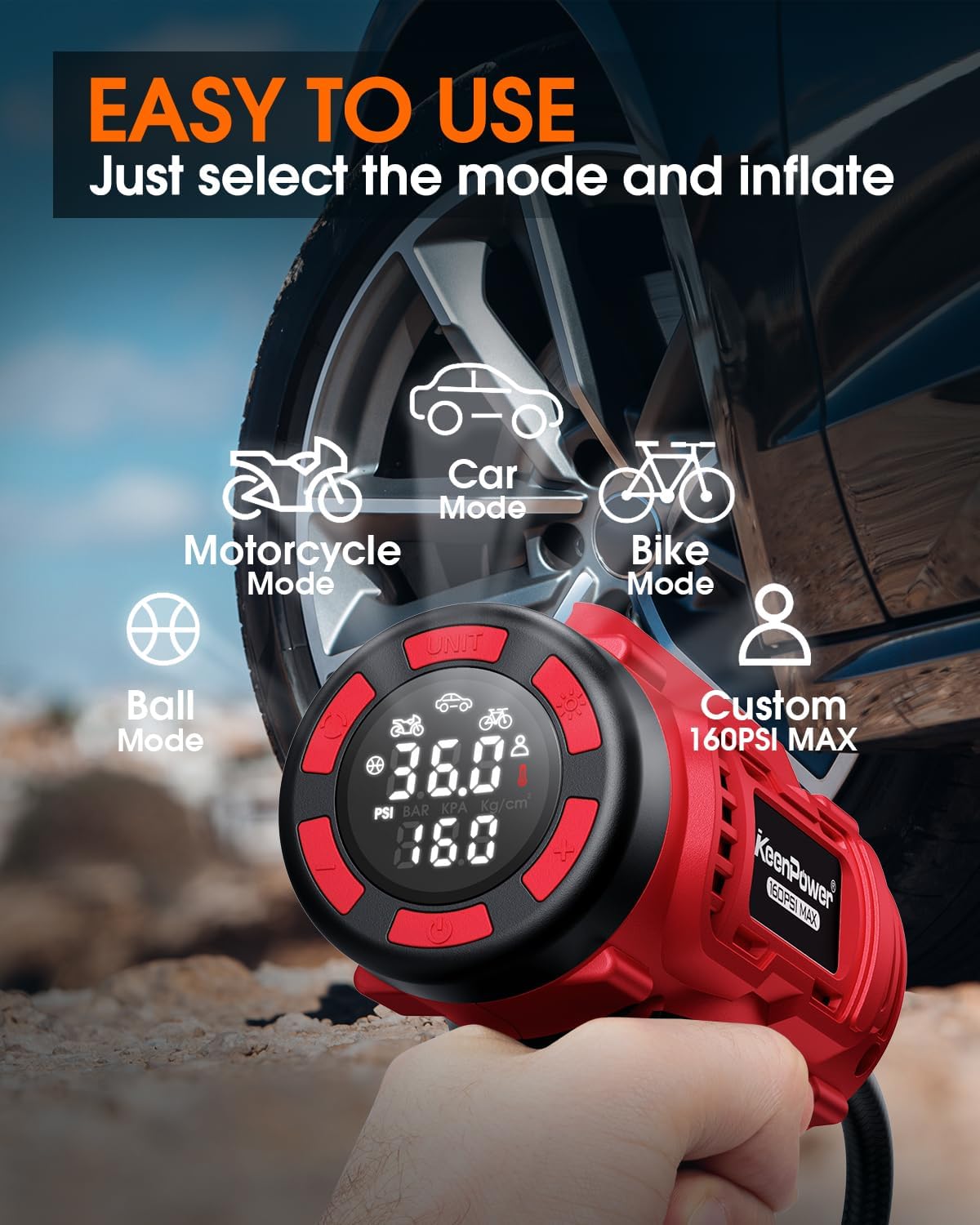 Cordless Tire Inflator Portable Air Compressor, 160PSI Car Tire Air Pump, 21V Rechargeable Battery Powered Air Compressor, Dual Power, Larger HD Digital Gauge w/4+N Smart Modes (Red)