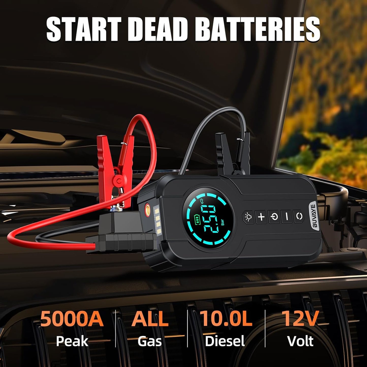 5000A Jump Starter with Air Compressor, 150PSI Battery Jumper Starter Portable for All Gas and 10.0L, 12V Car Jump Starter with Jumper Cable 3 Modes Flashlight and EVA Bag