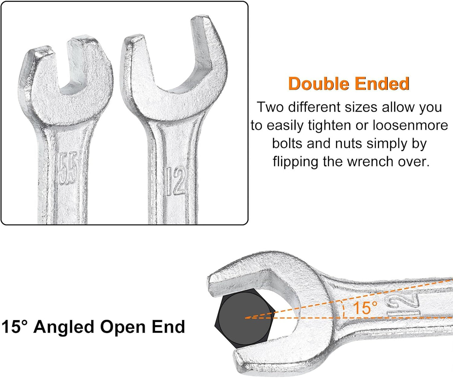 HARFINGTON 2pcs Double Open End Wrench 11mm x 13mm Metric 15 Degree Offset Angle Small Flat Head Wrench Galvanizing Open Ended Spanner for Automotive Repair Furniture Assembly