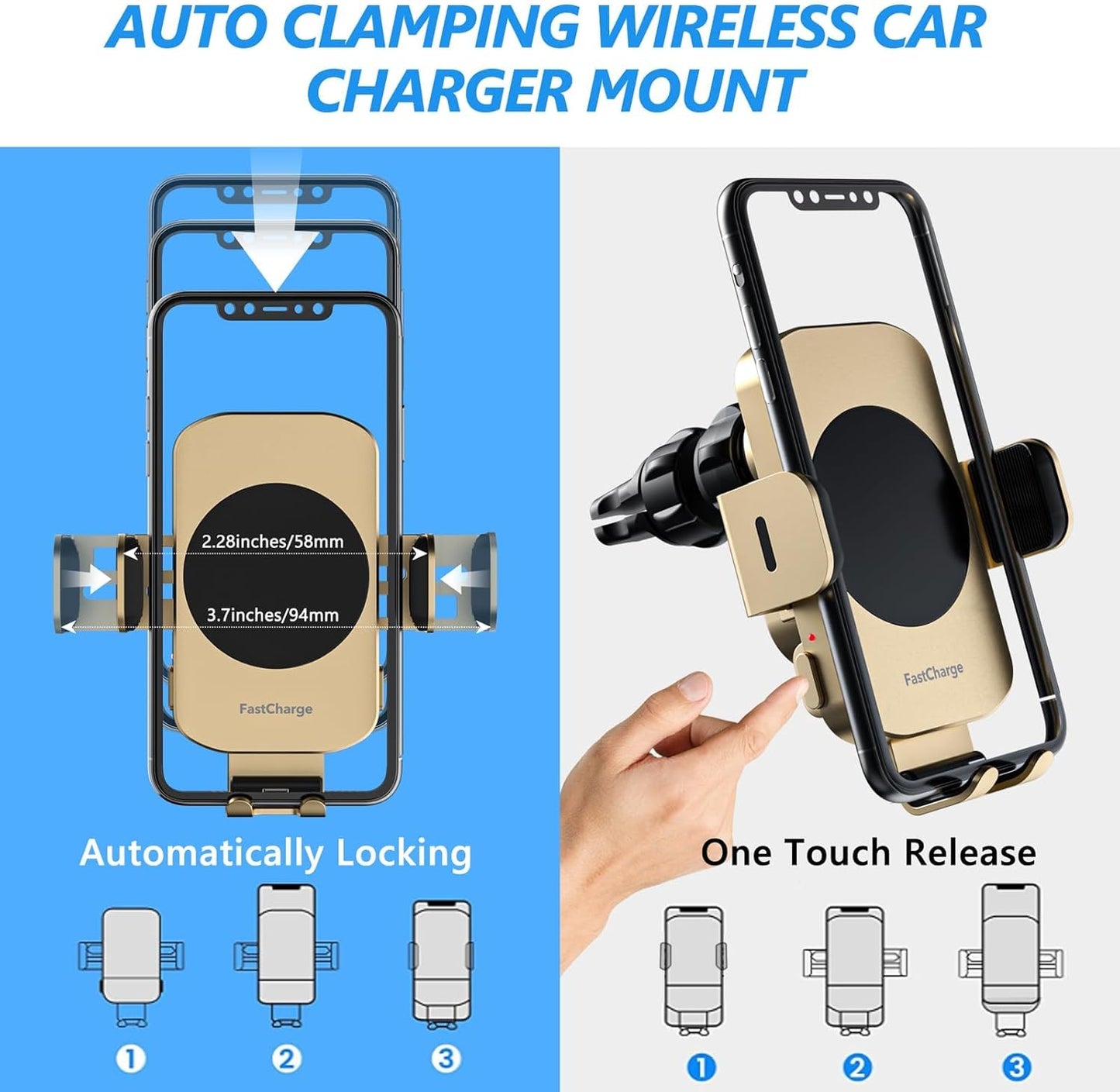 Wireless Car Charger, Fast Charging 15W Auto Clamping Car Charger Phone Holder Phone Mount for iPhone16 15 14 13 12 11 Pro Max Xs, Samsung Galaxy S24 Ultra S23 S22 S21 S20 S10+ Note 9, etc