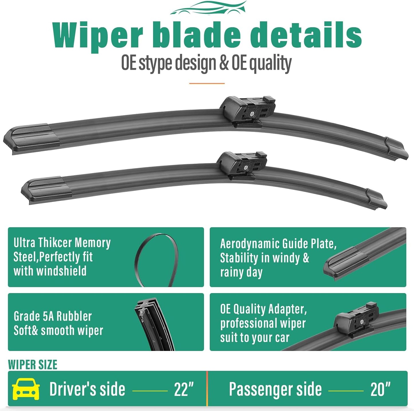 22" 20" 9" Windshield Wiper Blades Replacement for Ford Bronco Sport 2021 2022 2023 2024 2025 Premium All Weather Front Rear Wipers Set - OEM Quality (Pack of 3)