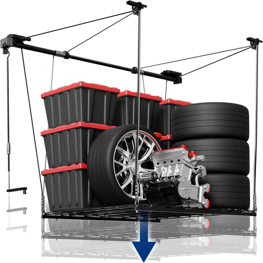 FLEXIMOUNTS Overhead Garage Storage Rack Lift, 4x4 Ft Heavy-Duty Garage Ceiling Storage Racks, Adjustable Organization System With 71'' L Axle, 300lbs Load Capacity, Flat Black