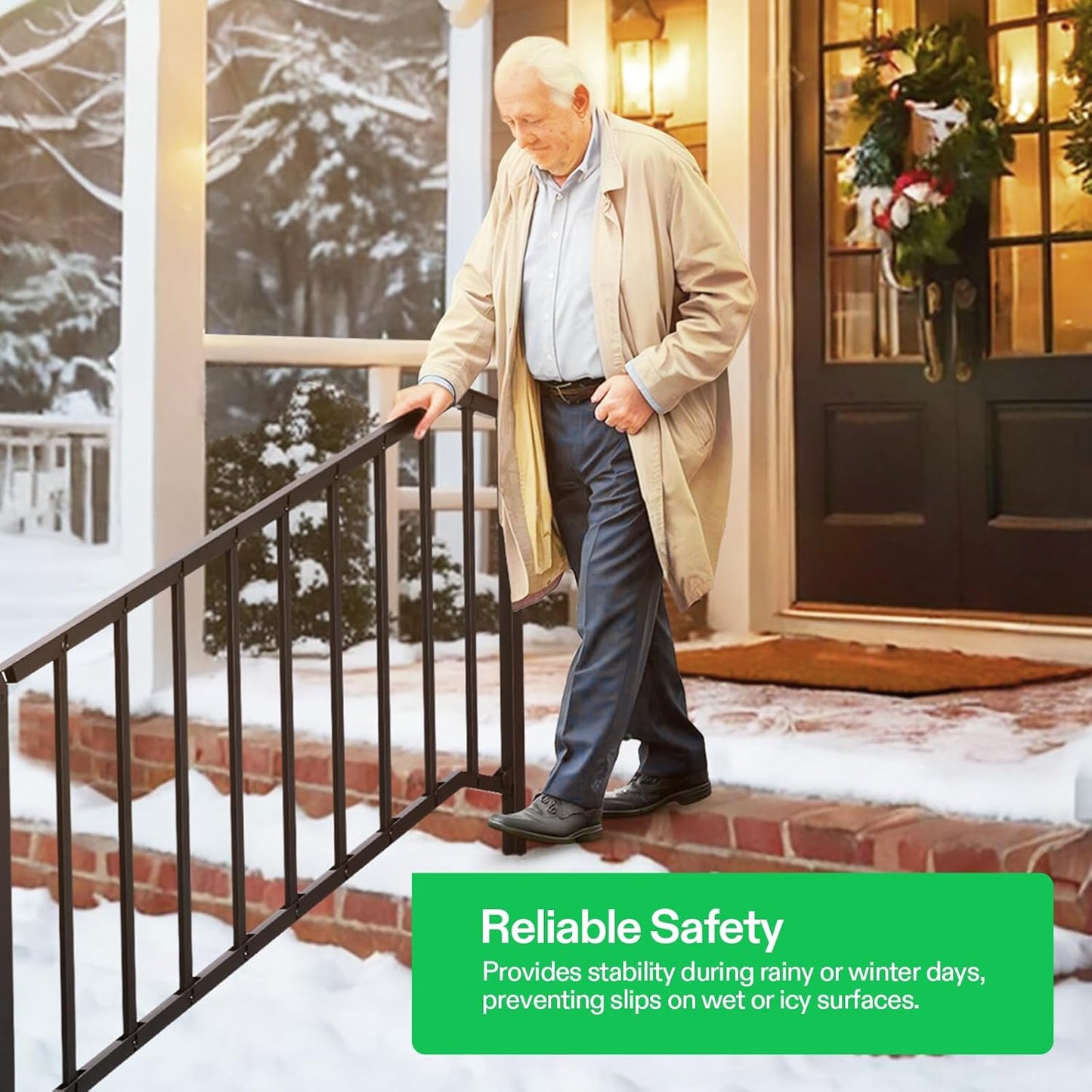 VIVOSUN Outdoor Handrail, 5 Step Stair Handrail, 69" x 36" Fits 1 to 5 Steps, Wrought Mattle Iron Stair Railing with Curved End and Balusters for Concrete Step, Porch Steps, One-Step Assembly, Black