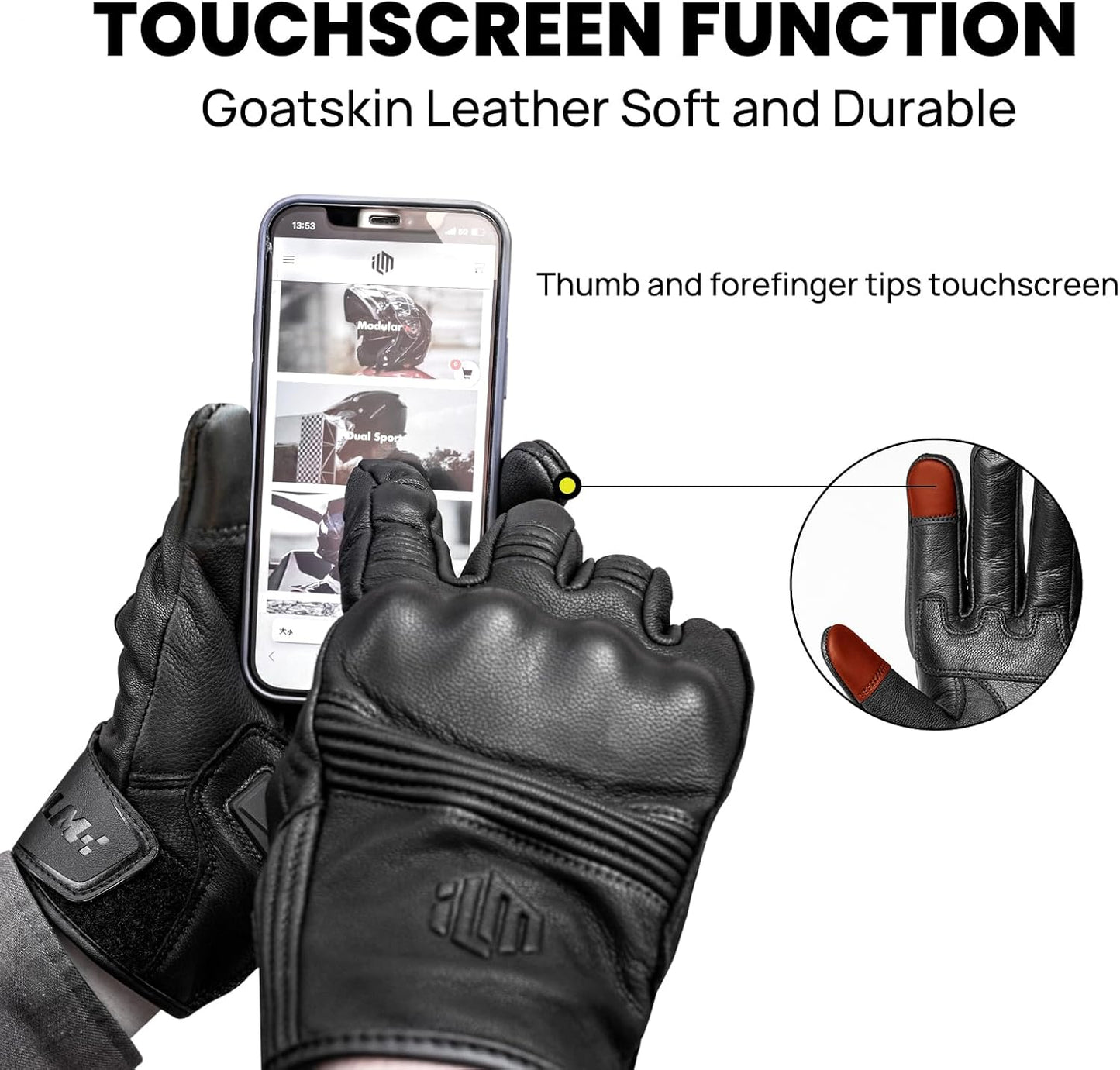 ILM Goatskin Leather Motorcycle Motorbike Powersports Racing Gloves Touchscreen for Men and Women Model DN01(M, Black Unperforated)