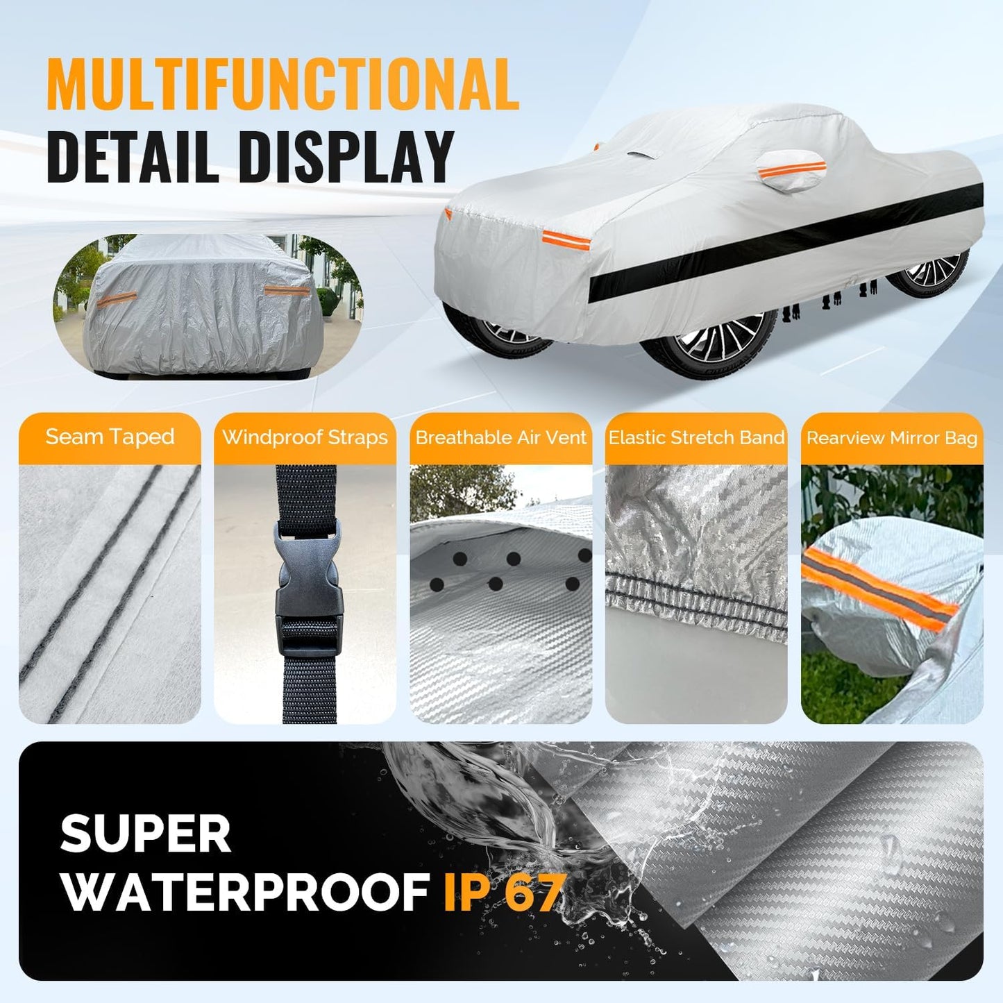 30 Layers Truck Car Cover for Automobiles All Weather Waterproof, Outdoor Snowproof UV Protection Windproof, Soft Cotton, Heavy Duty Universal Car Covers, (Silver, Fit Truck 211"-230")