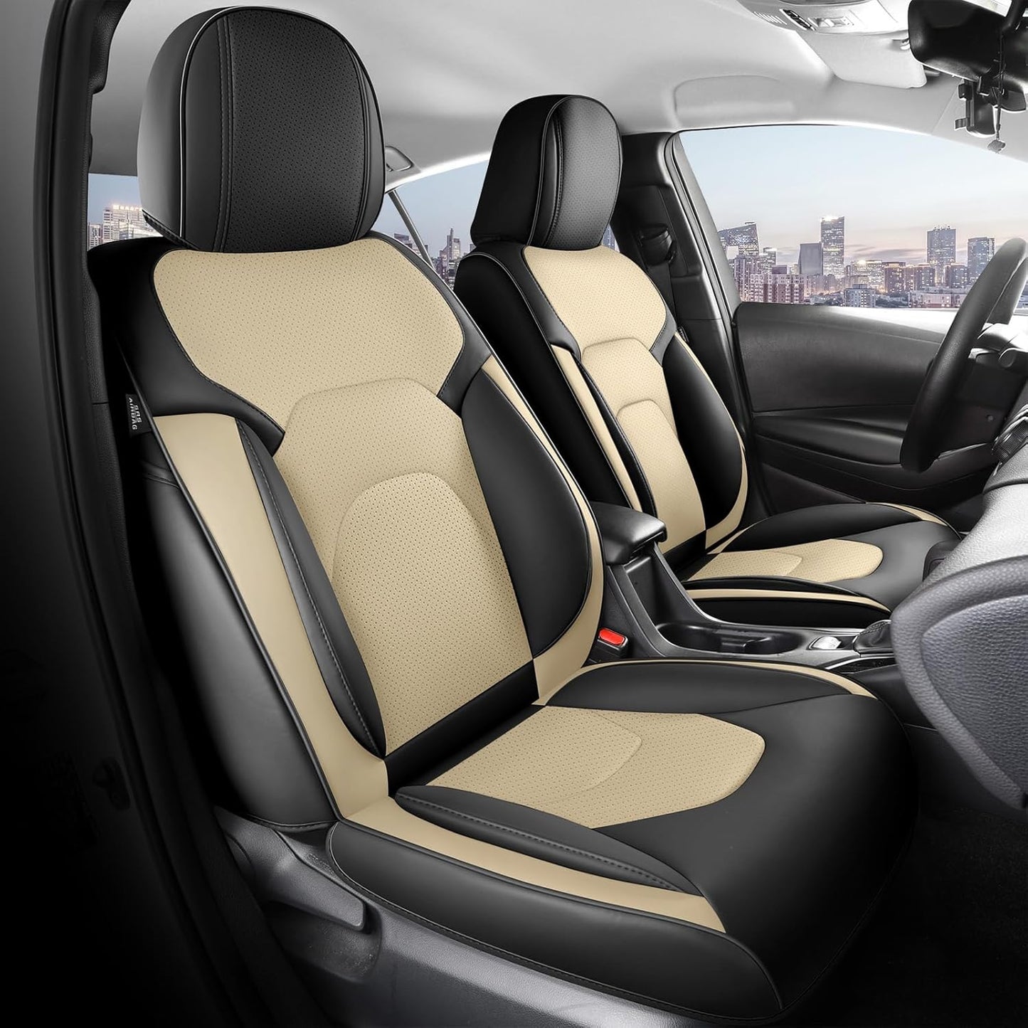 FREESOO Car Seat Covers Full Set,Waterproof Automotive Seat Covers, Leather Cars Interior Covers, Seats Protection Universal fit Babies & Adult (Black Beige)